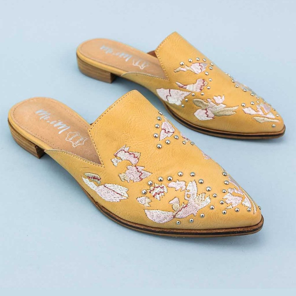 Mustard Studded Embroidered Mule